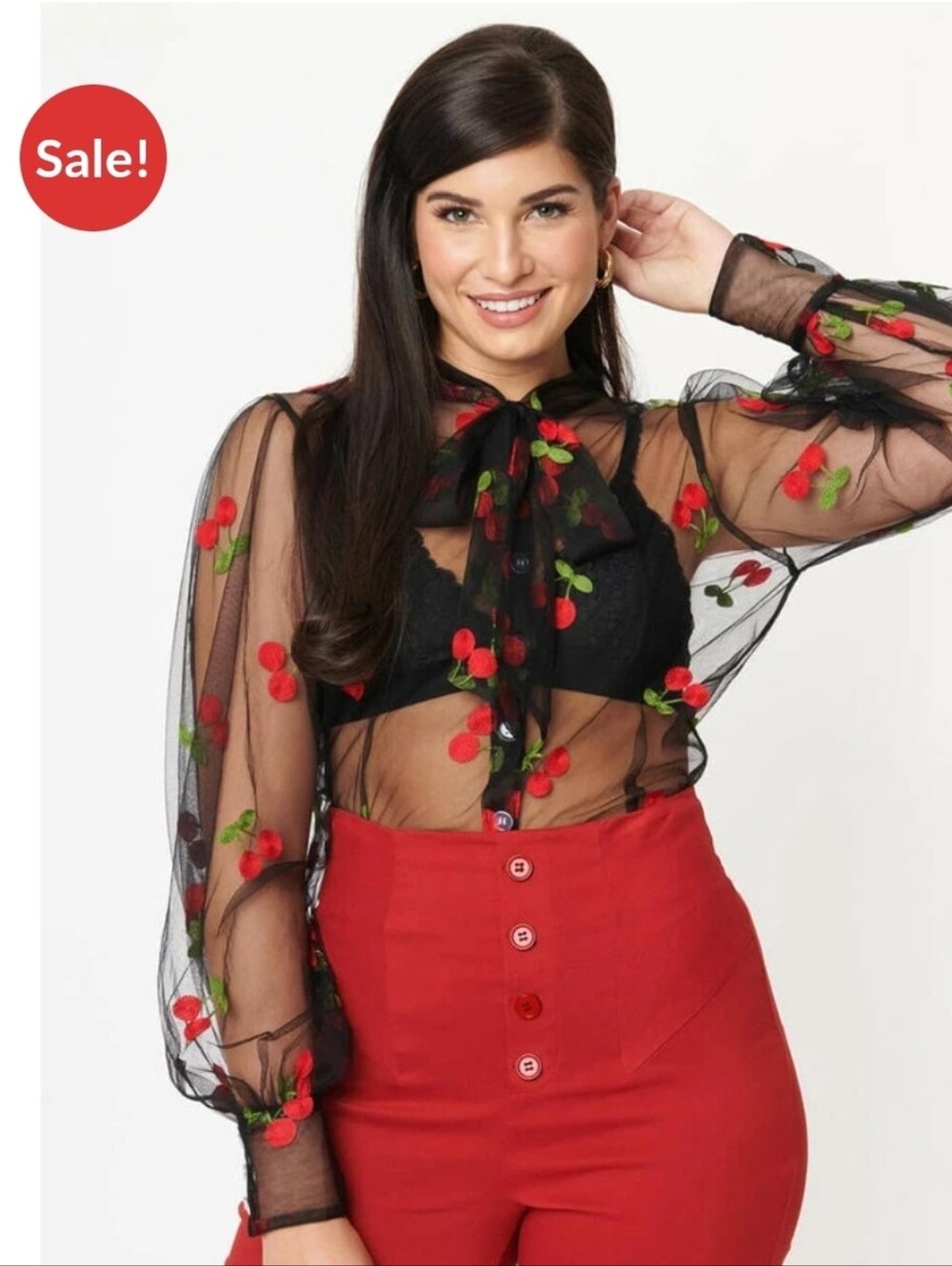 Unique Vintage Black Sheer Mesh Cherry-Embroidered Tie-Neck Blouse - Size 14
